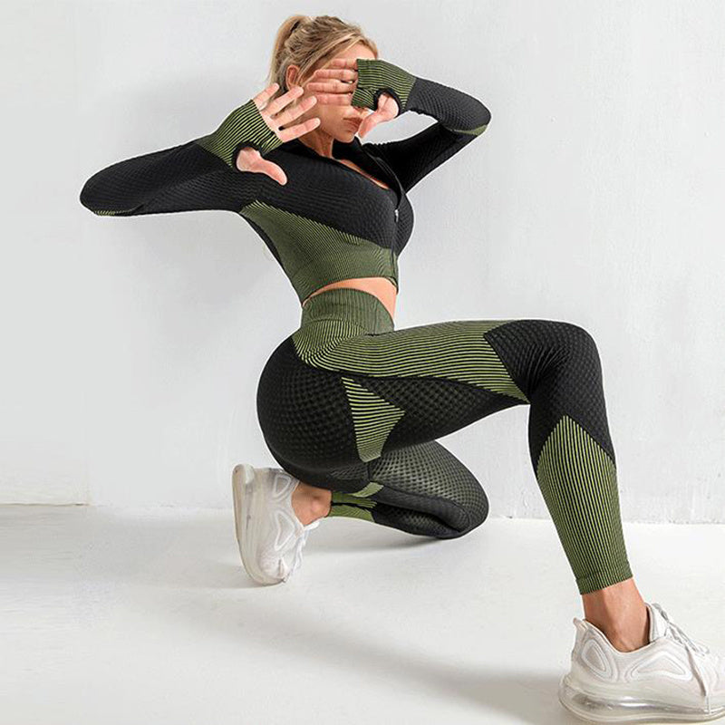 Set Deportivo Seamless 3 Piezas – Leggings, Top y Chaqueta