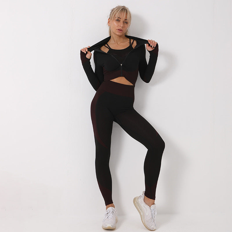 Set Deportivo Seamless 3 Piezas – Leggings, Top y Chaqueta