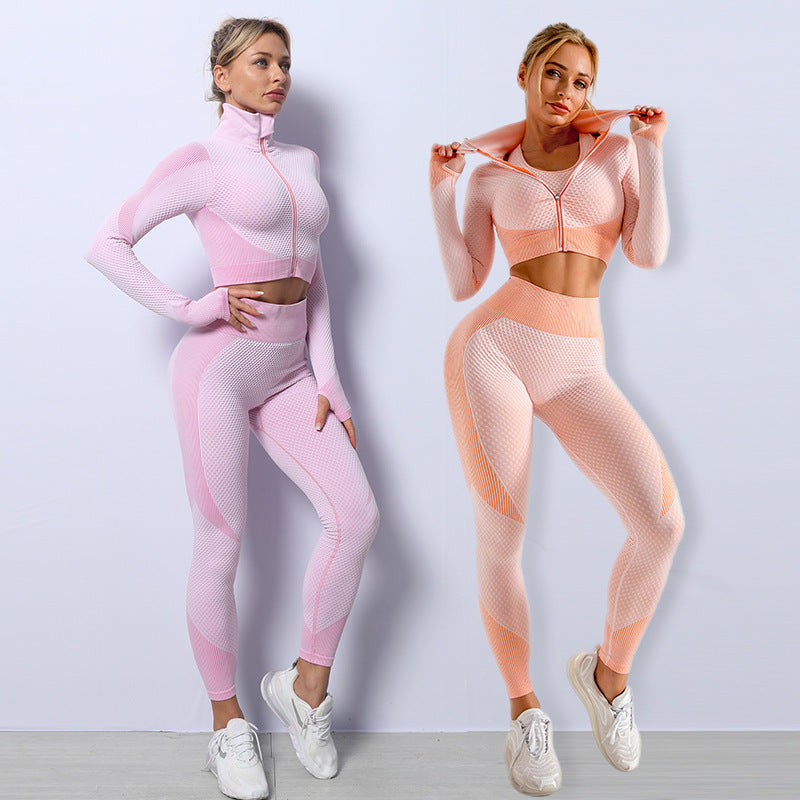 Set Deportivo Seamless 3 Piezas – Leggings, Top y Chaqueta